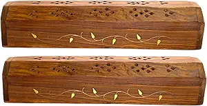 12" Wood Coffin Incense Burner with Side Filigree Brass Inlay