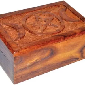 Triple Moon Pentagram Carved Wood Box 4" x 6"